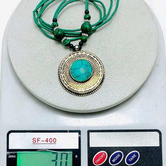 Turquoise Beaded Pendant Necklace, Ethnic Tribal Light Weight Necklace, Chunky - Picture 9 of 9